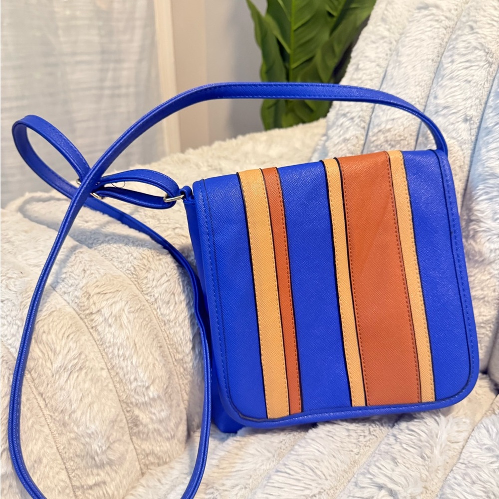 Blue and Brown Striped Crossbody Bag